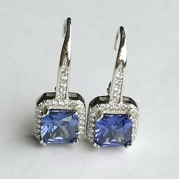 Sterling Silver CZ Sapphire CZ square cut earrings lever backs - Picture 5 of 9